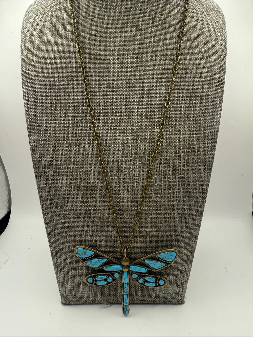 Turquoise Tone  Dragonfly Pendant Necklace Mid length - retired